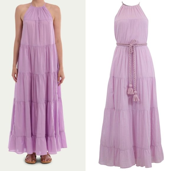 RHODE Julia Halter Neck Tiered Maxi Dress SZ XS Smokey Grape Frayed Rope Belt - Picture 2 of 11
